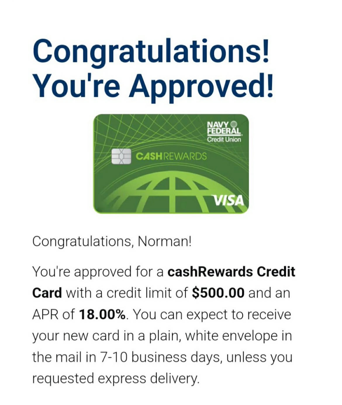 Navy Federal $500 credit card approved