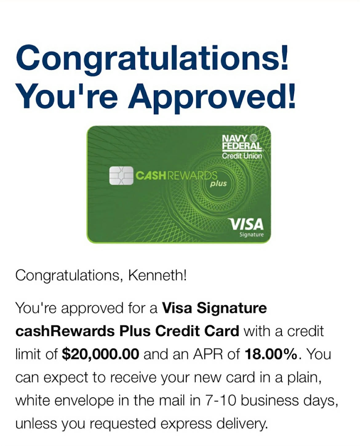 Navy Federal $20,000 Visa Signature approved