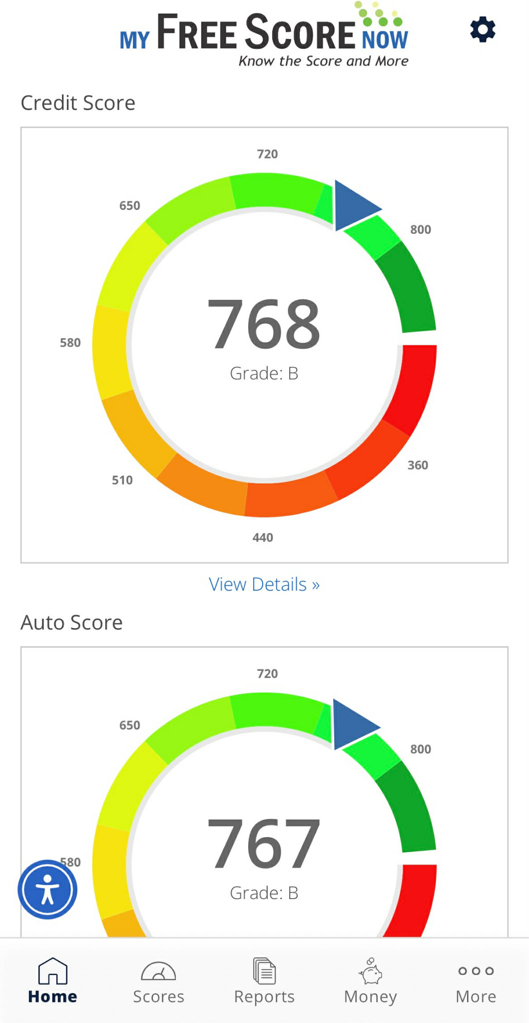 Credit score 768 on MyFreeScoreNow