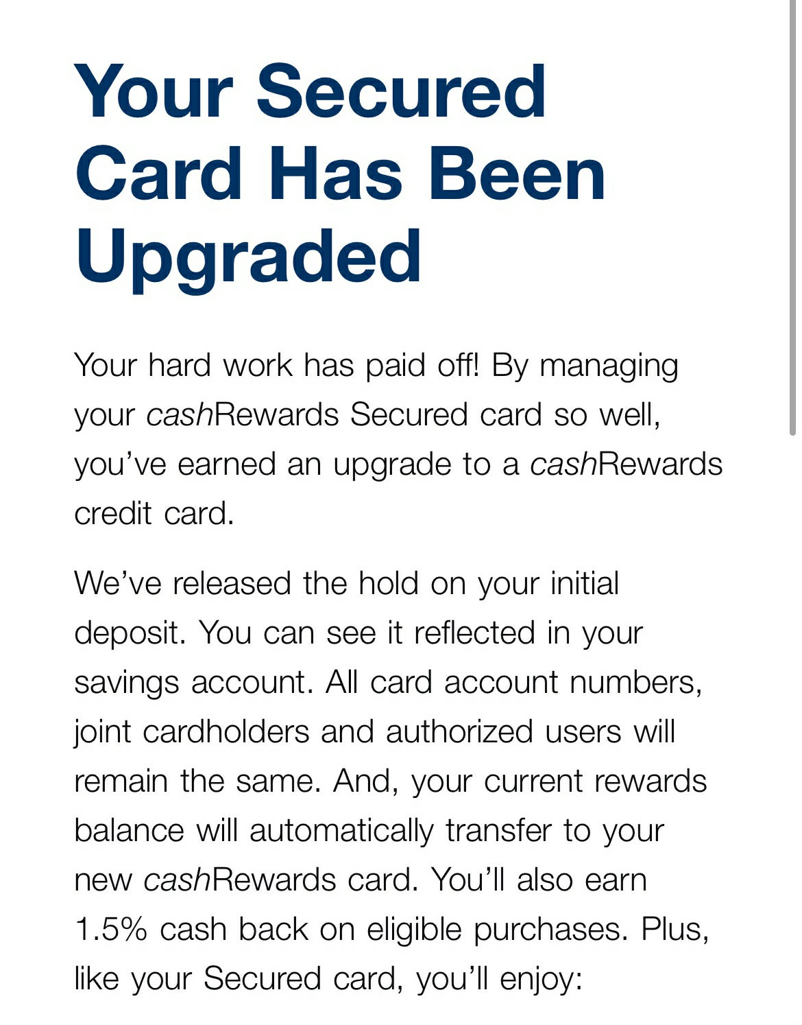 Secured card upgraded notification